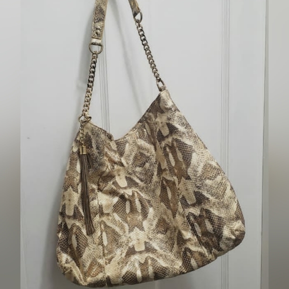 Tan Leather Gold Shimmer Python Print Shoulder Bag 🌴 - Picture 5 of 7